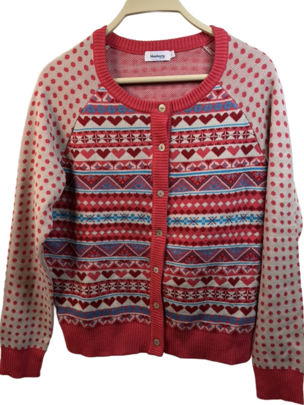 Blueberry Coral & Cream Hearts Fair Isle Button Cardigan